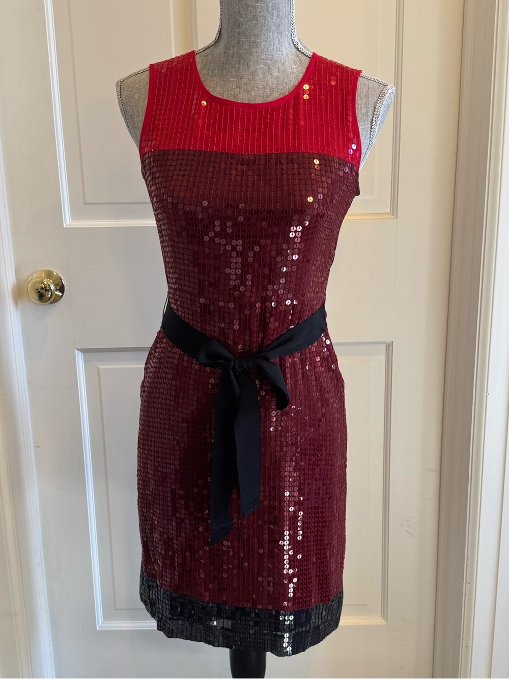 DKNY Red Sequin Sheath Dress with Black Waist Tie